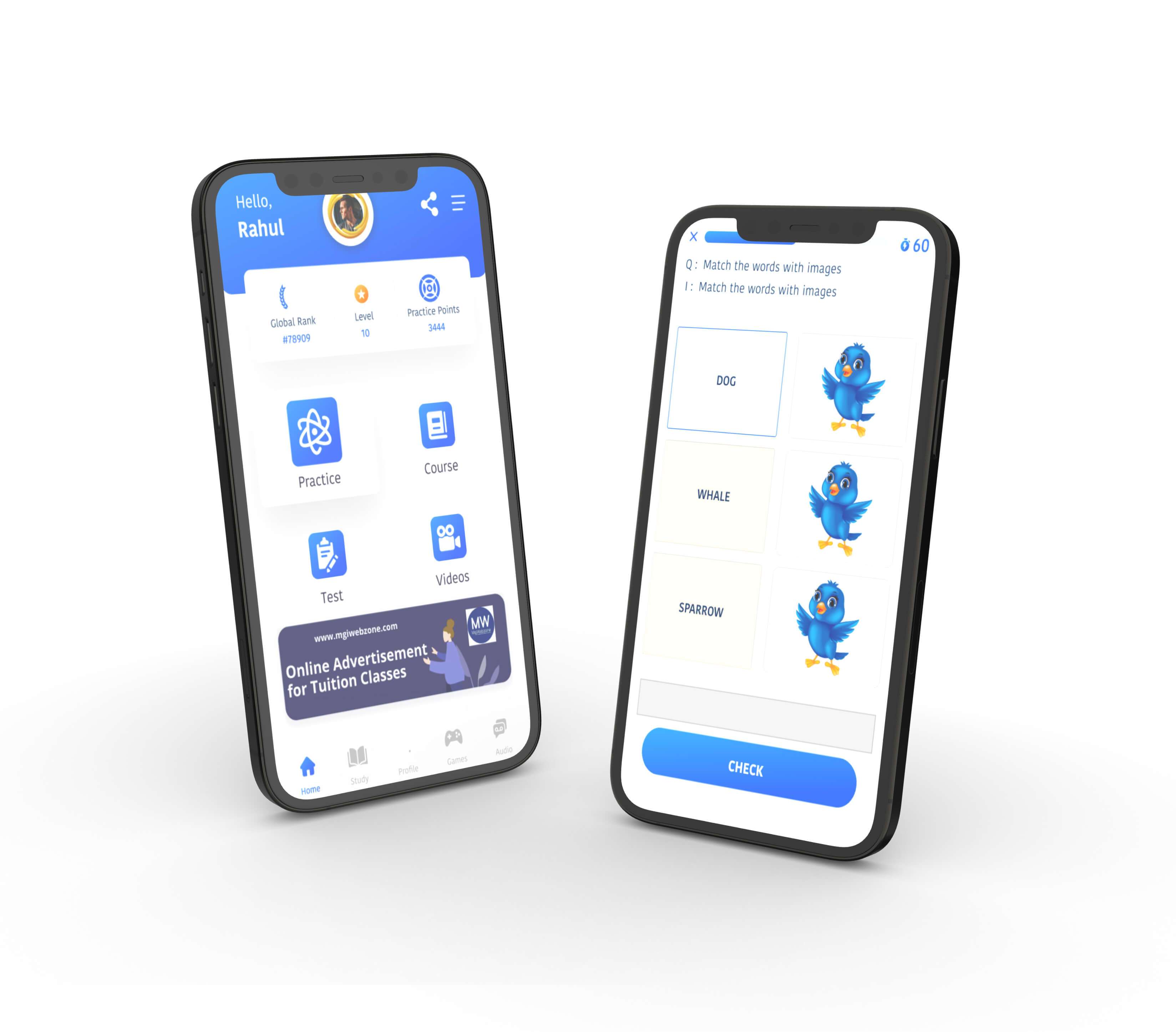 Mobile app like that of duolingo, that helps people across the globe to learn English and improve their communication skills, made by Krishworks.
